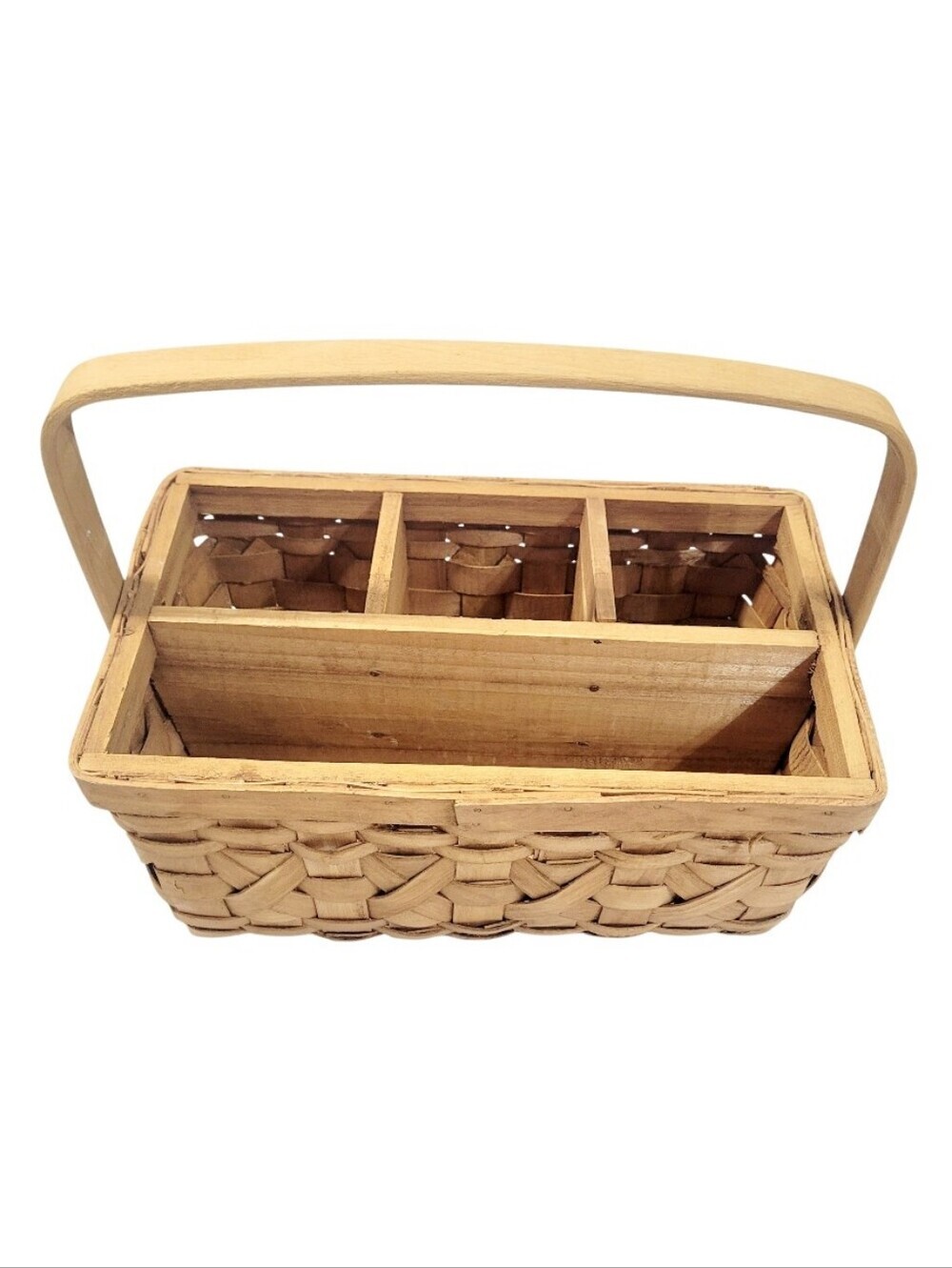 Vintage Woven Wood Divided Basket Caddy Organizer Carry Handle Farmhouse Storage - Picture 7 of 11